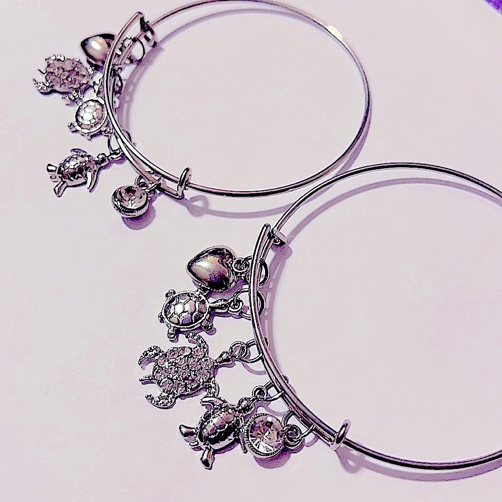 Silver, Carved & Encrusted in Gems Sea Turtle Charm Bracelet Bangle